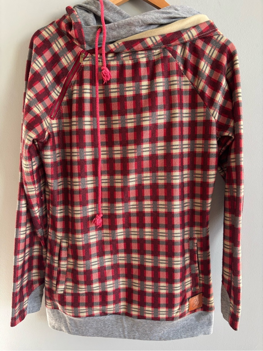 Ampersand Avenue Unisex Double Hood Plaid Sweatshirt - Red/Grey Accent